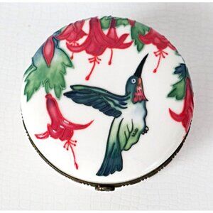 Benaya hummingbird and flowers round trinket box signed Jp’09